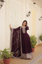 Wine Faux Blooming Sequins Embroidered Gown with Matching Dupatta – Festive & Party Wear