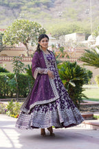 Wine Viscose Dyable Jacquard Gown with Russian Silk Sequined Dupatta – Elegant Party & Wedding Set