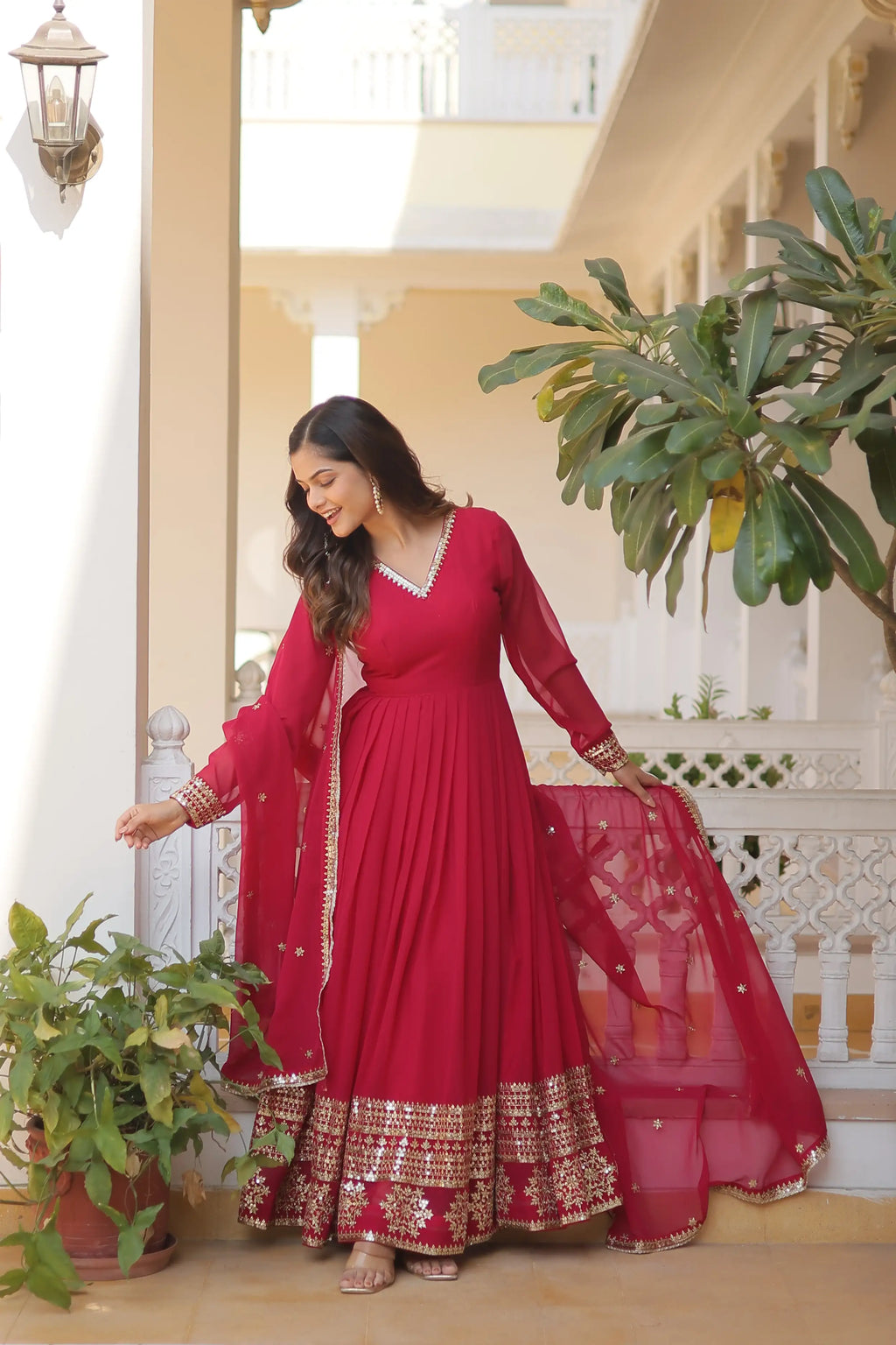 Pink Faux Blooming Gown with Sequined Dupatta – Elegant Fully Flared Party & Wedding Set