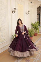 Wine Faux Blooming Sequins Embroidered Gown with Matching Dupatta – Festive & Party Wear