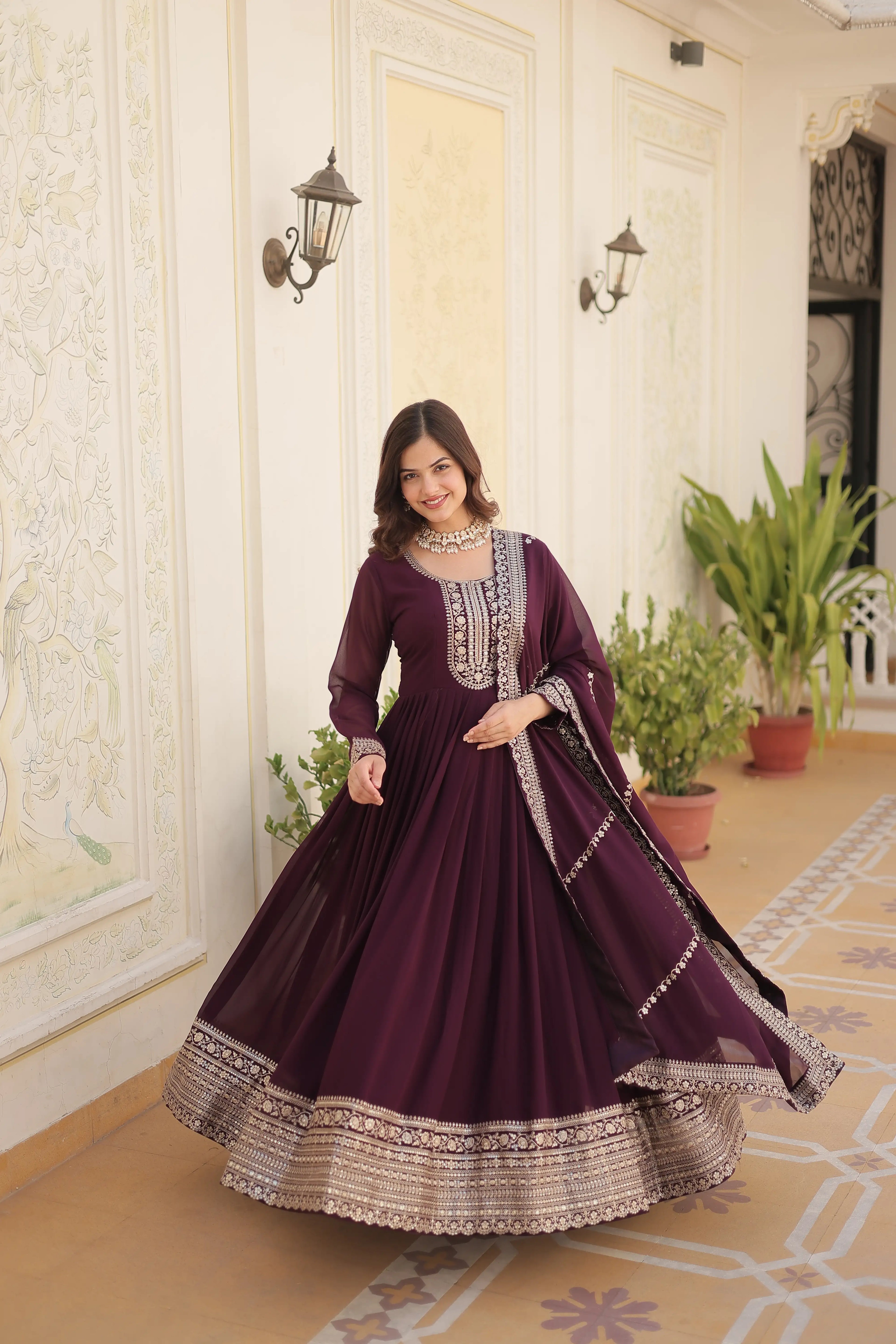 Wine Faux Blooming Sequins Embroidered Gown with Matching Dupatta – Festive & Party Wear