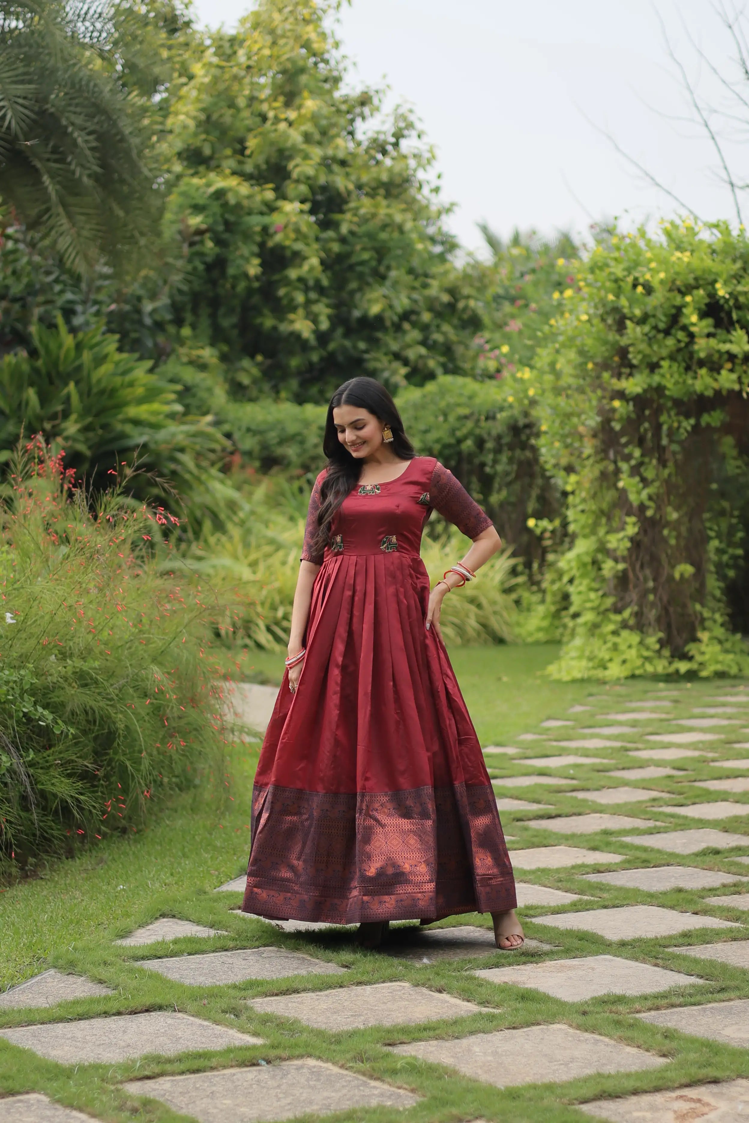Maroon Banarasi Jacquard Silk Gown – Elegant Free-Size Designer Party & Wedding Wear