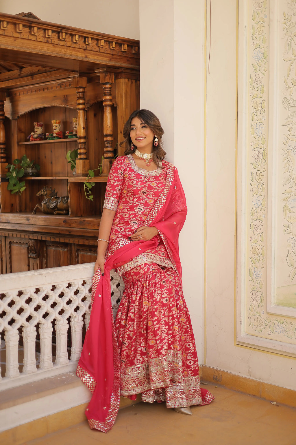 Pink Faux Blooming Sequins Embroidered Sharara Set with Matching Dupatta – Festive & Party Wear