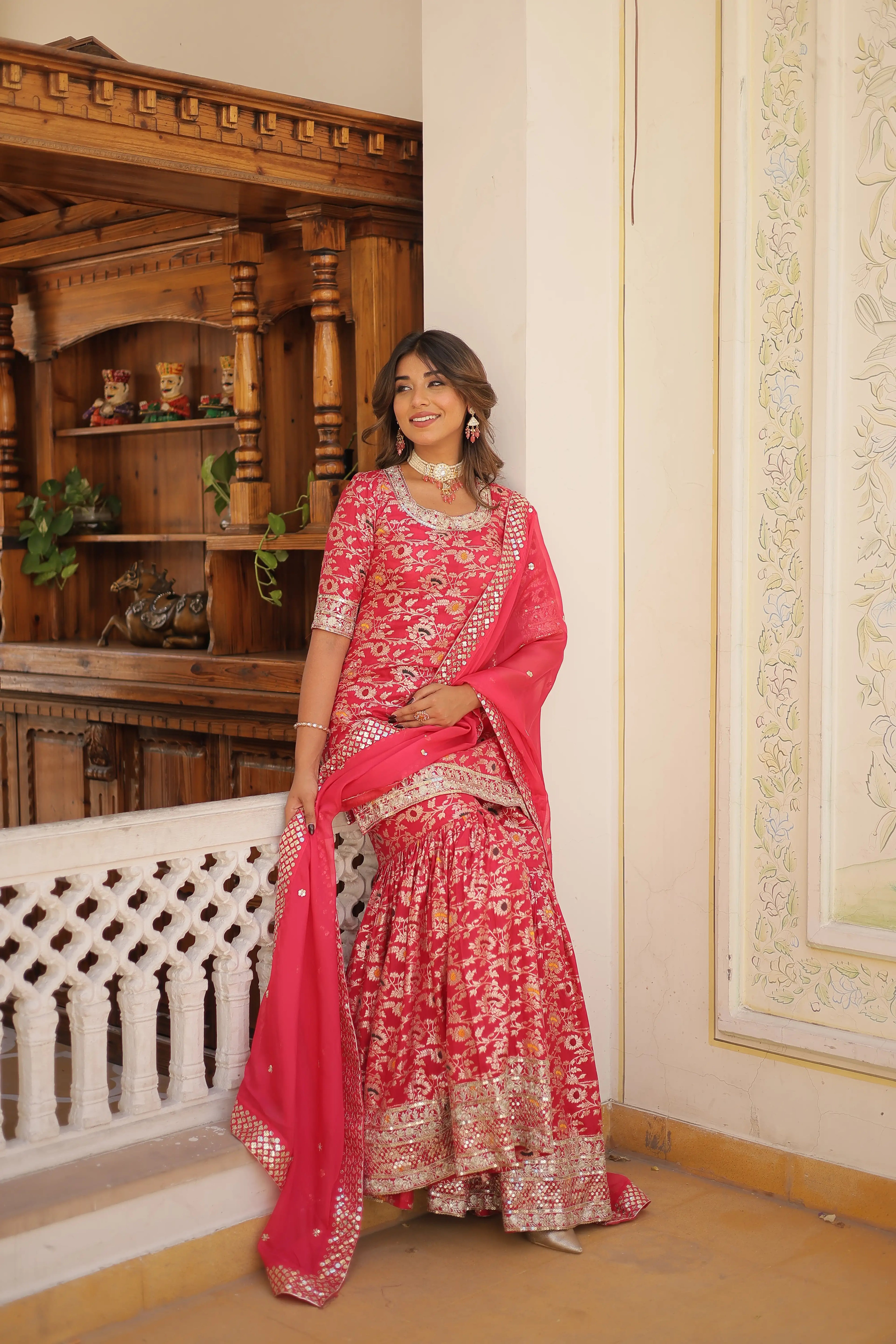 Pink Faux Blooming Sequins Embroidered Sharara Set with Matching Dupatta – Festive & Party Wear