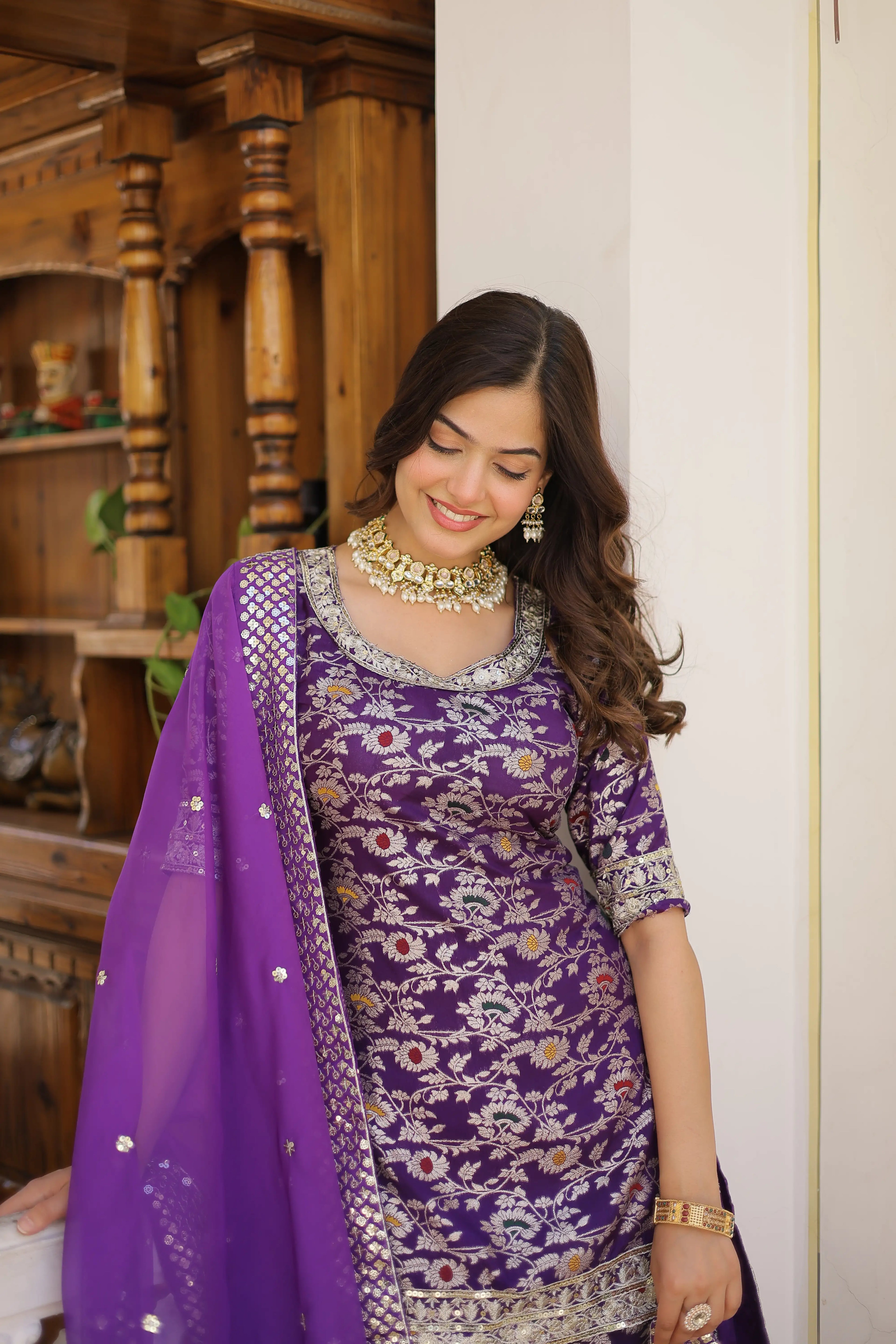 Purple Faux Blooming Sequins Embroidered Sharara Set with Matching Dupatta – Festive & Party Wear