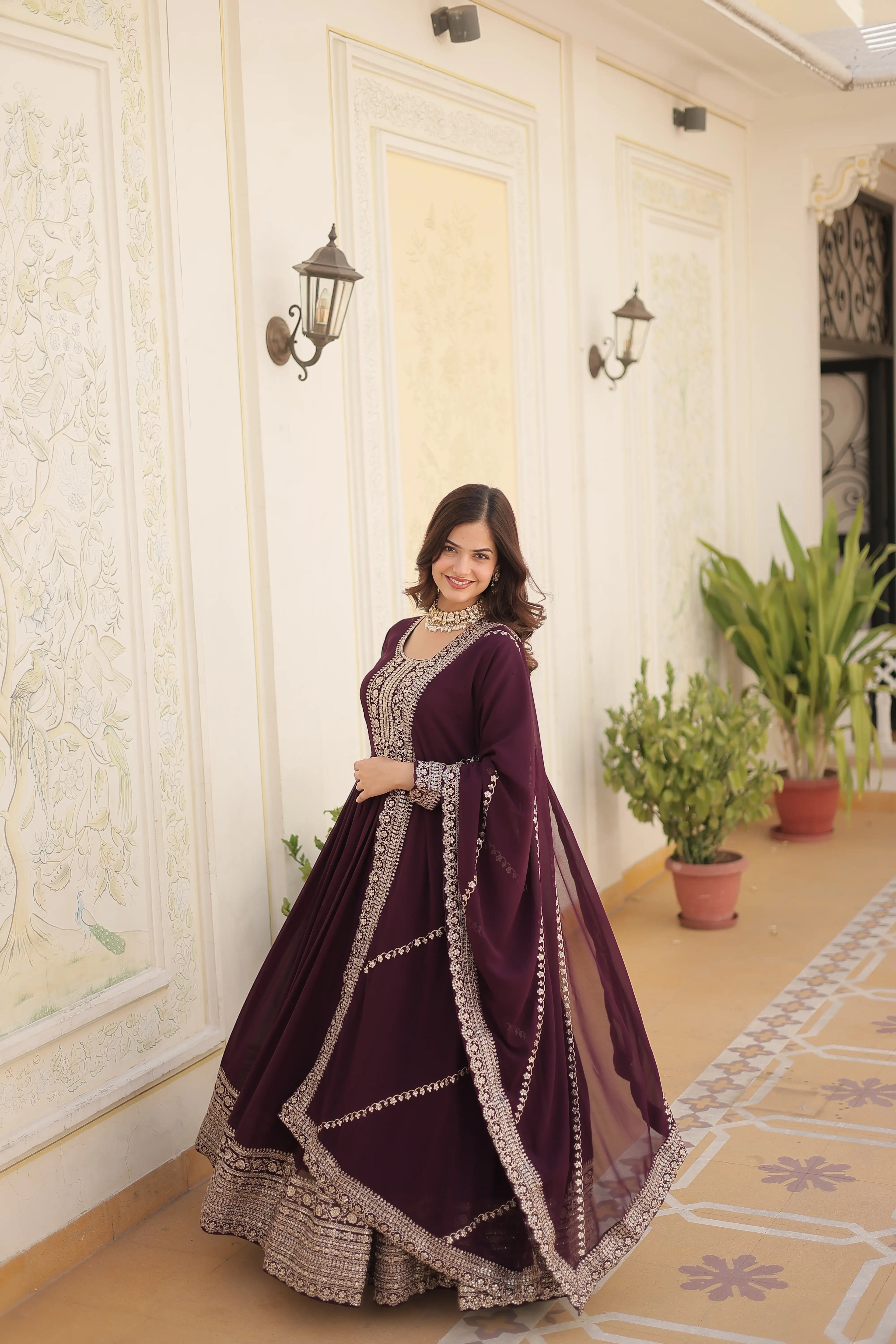 Wine Faux Blooming Sequins Embroidered Gown with Matching Dupatta – Festive & Party Wear