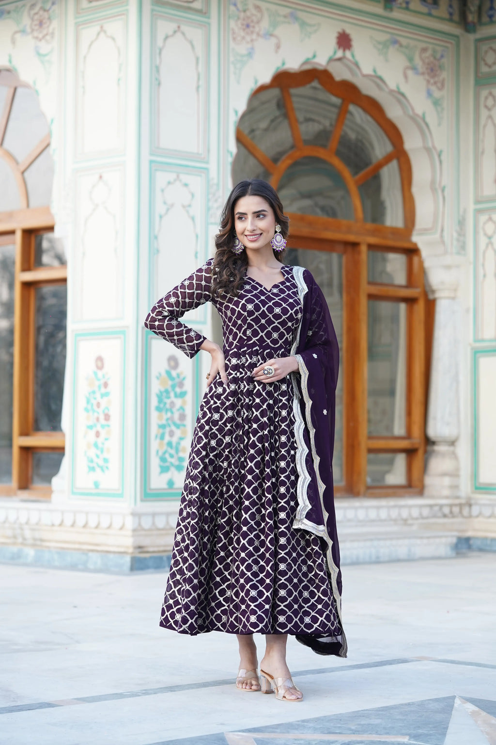 Wine Faux Blooming Designer Gown with Sequined Dupatta – Elegant Fully Flared Party & Wedding Set