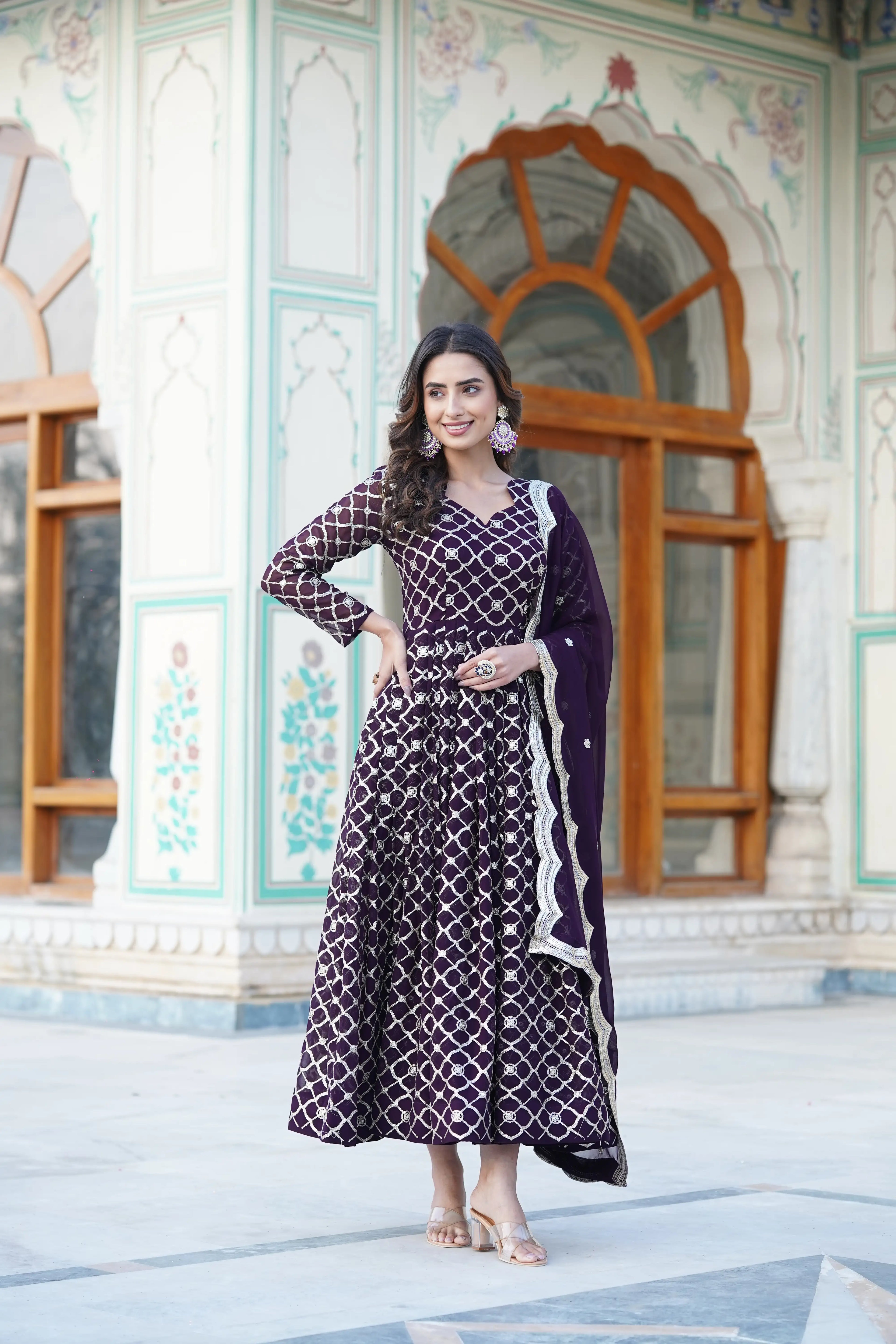 Wine Faux Blooming Designer Gown with Sequined Dupatta – Elegant Fully Flared Party & Wedding Set