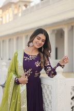 Purple Faux Georgette Designer Gown with Russian Silk Sequined Dupatta – Elegant Fully Flared Party & Wedding Set