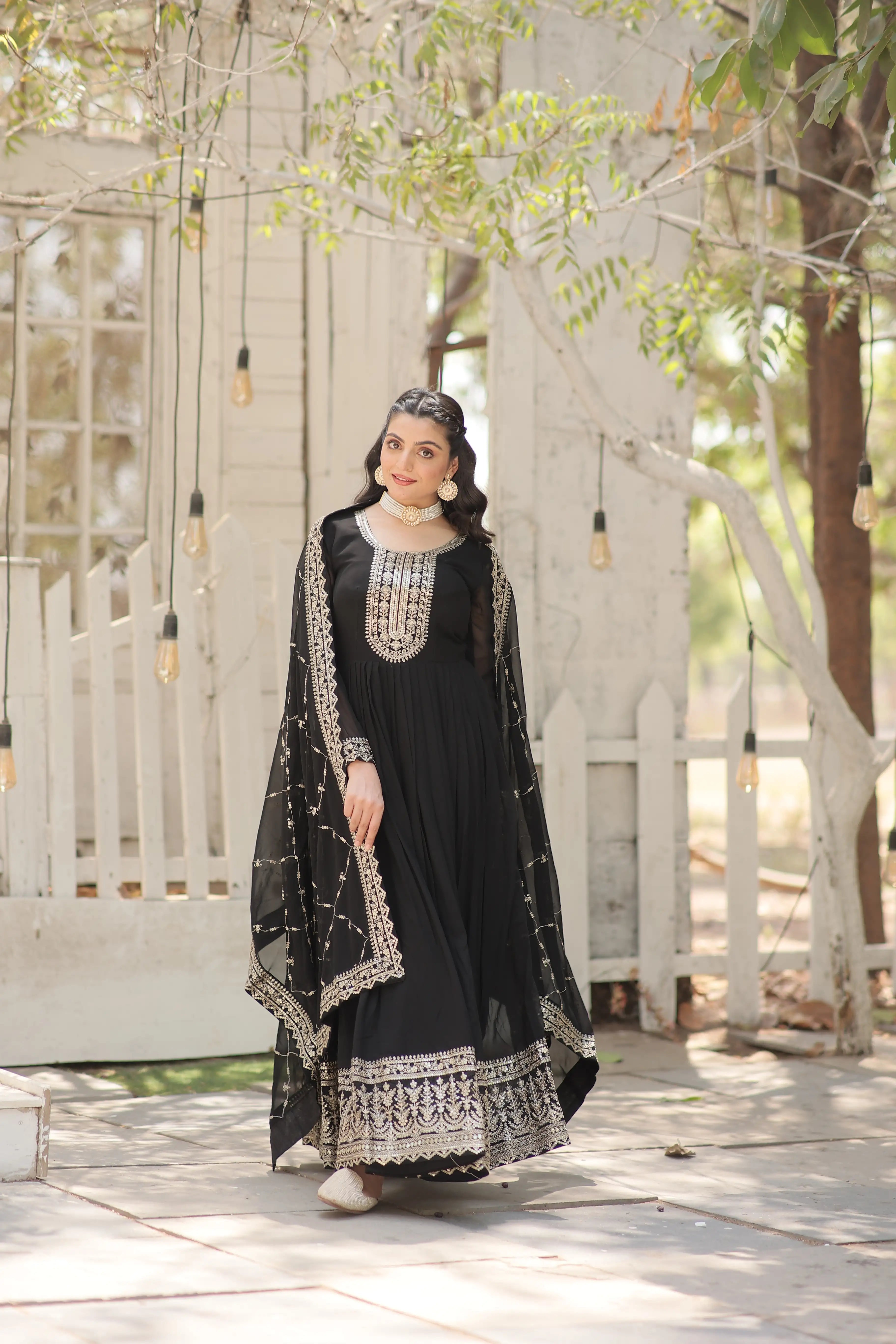 Black Faux Blooming Sequins Embroidered Gown with Matching Dupatta – Festive & Party Wear