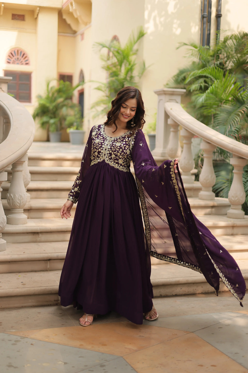 Wine Faux Blooming Sequins & Zari Embroidered Gown with Matching Dupatta