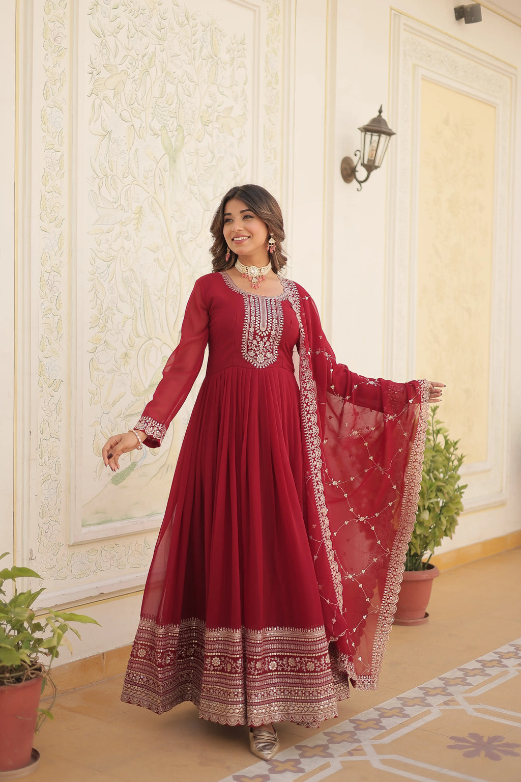 Maroon Faux Blooming Sequins Embroidered Gown with Matching Dupatta – Festive & Party Wear 2024