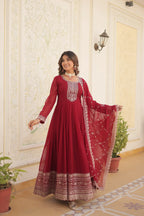 Maroon Faux Blooming Sequins Embroidered Gown with Matching Dupatta – Festive & Party Wear 2024