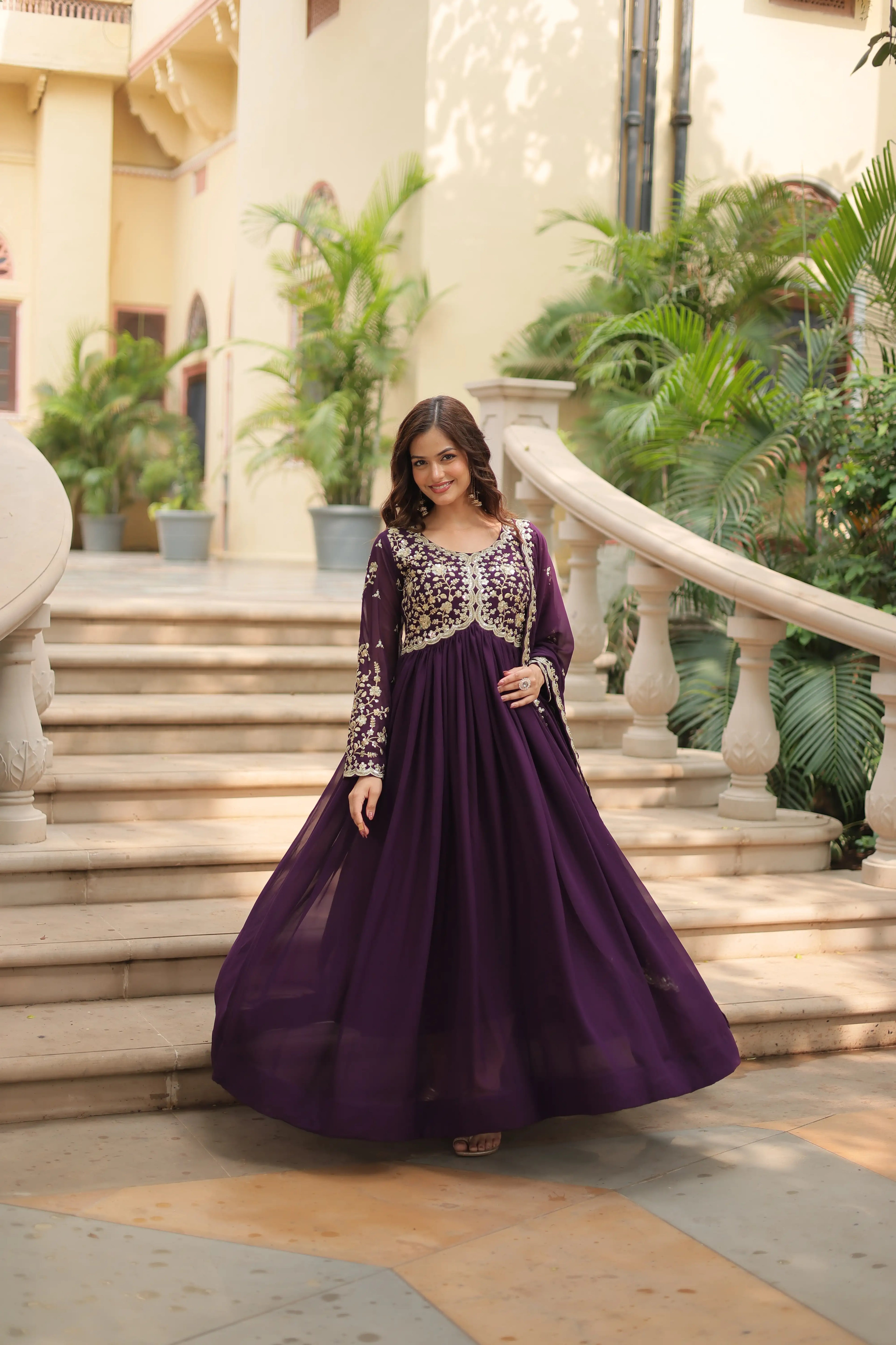 Wine Faux Blooming Sequins & Zari Embroidered Gown with Matching Dupatta
