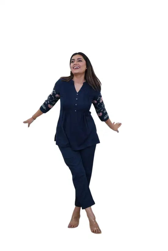 Women's Cotton Embroidery Straight Short kurti With Pant set