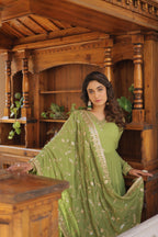 Green Faux Georgette Designer Gown with Sequined Dupatta – Fully Flared Elegant Ready-to-Wear Set