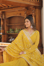 Yellow Faux Georgette Designer Gown with Sequined Dupatta – Fully Flared Elegant Party & Wedding Set