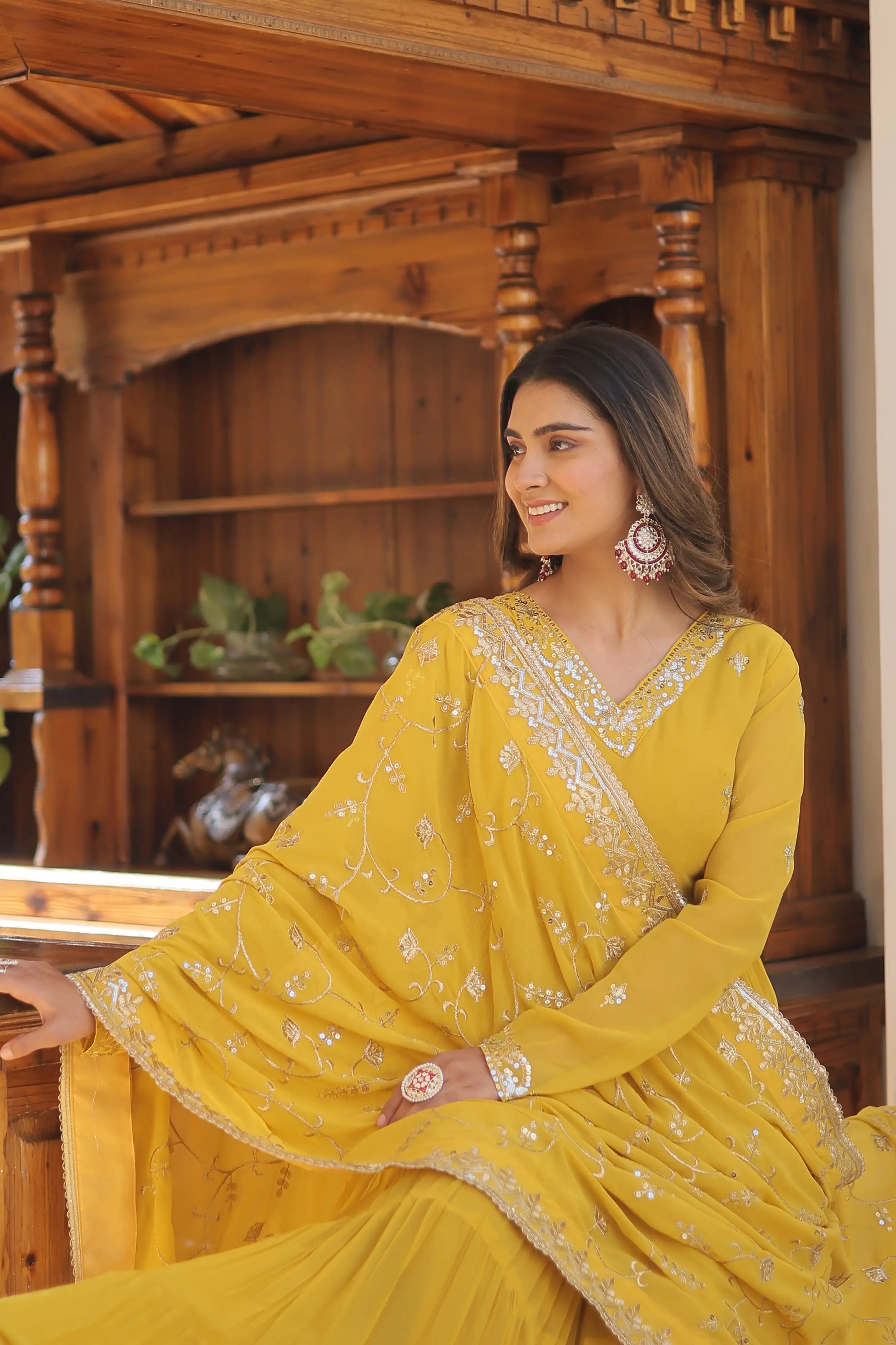 Yellow Faux Georgette Designer Gown with Sequined Dupatta – Fully Flared Elegant Party & Wedding Set