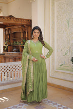 Green Faux Georgette Designer Gown with Sequined Dupatta – Fully Flared Elegant Ready-to-Wear Set