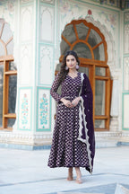 Wine Faux Blooming Designer Gown with Sequined Dupatta – Elegant Fully Flared Party & Wedding Set