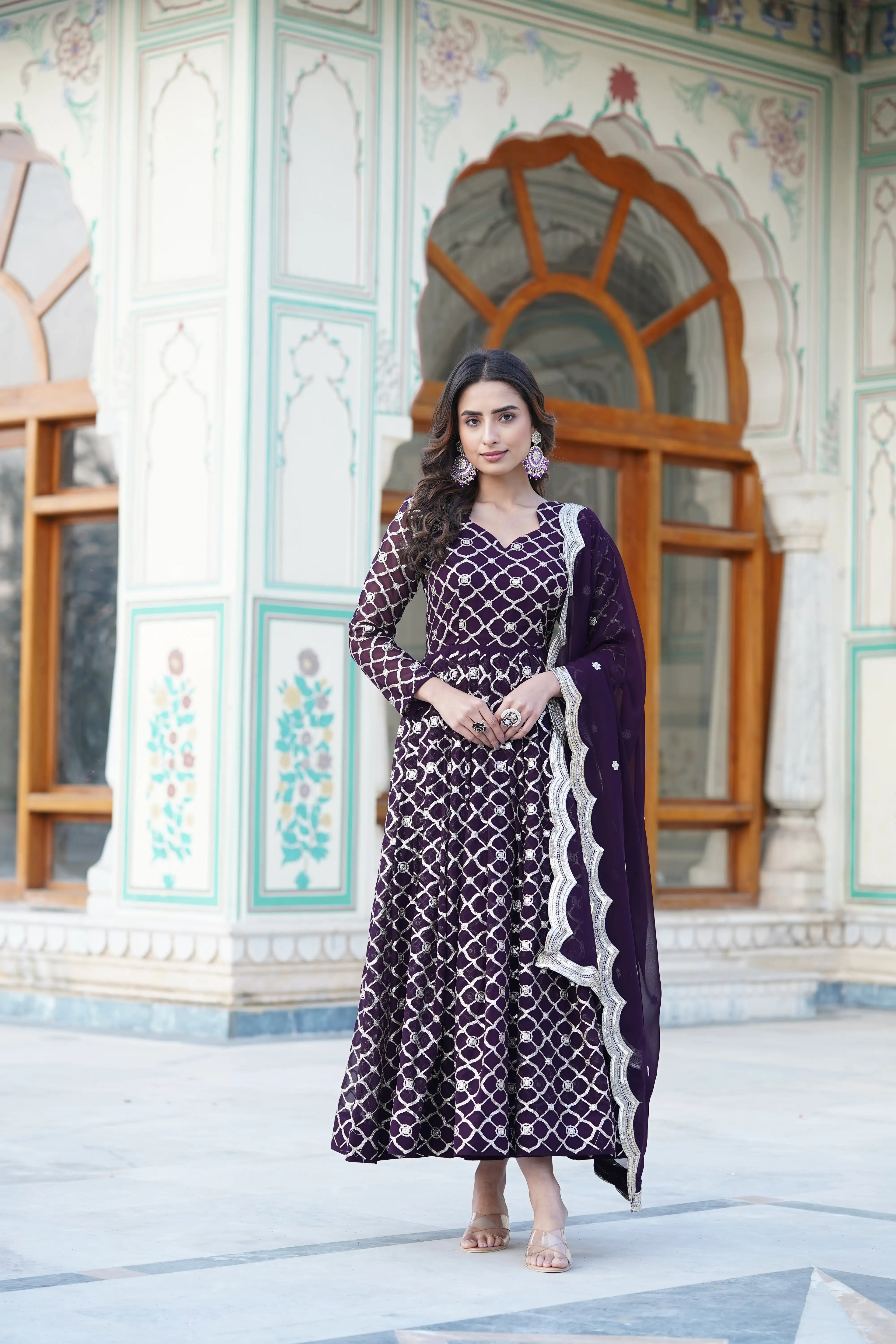 Wine Faux Blooming Designer Gown with Sequined Dupatta – Elegant Fully Flared Party & Wedding Set