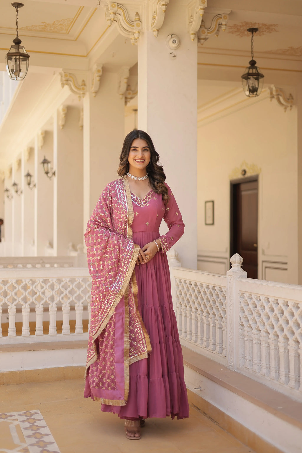 Onion Designer Faux Georgette Gown with Sequined Dupatta – Elegant Festive & Party Wear Set