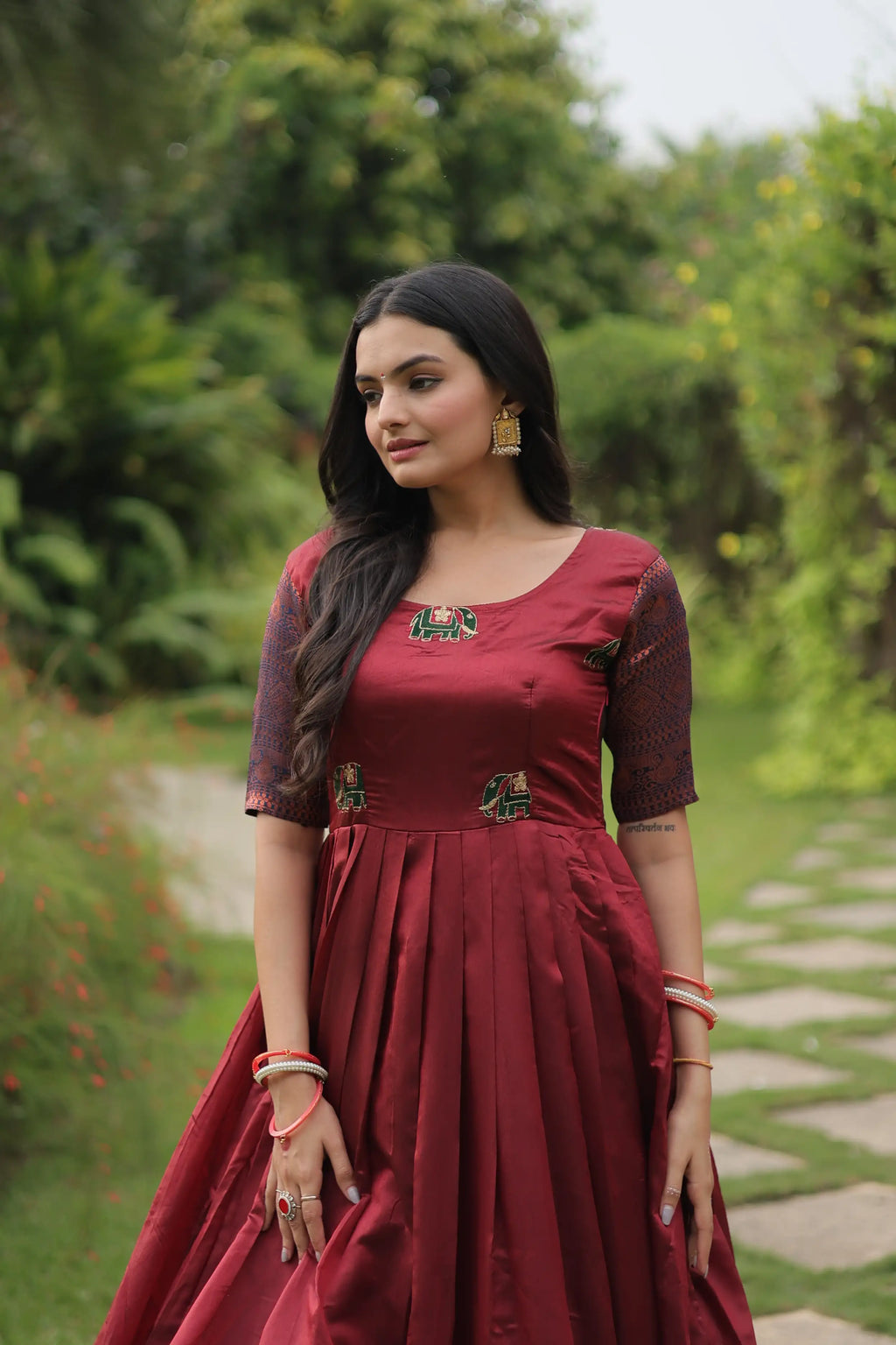 Maroon Banarasi Jacquard Silk Gown – Elegant Free-Size Designer Party & Wedding Wear