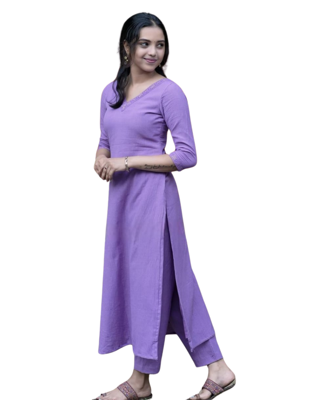 Women's Cotton V-neck Solid Straight Kurti With Pant