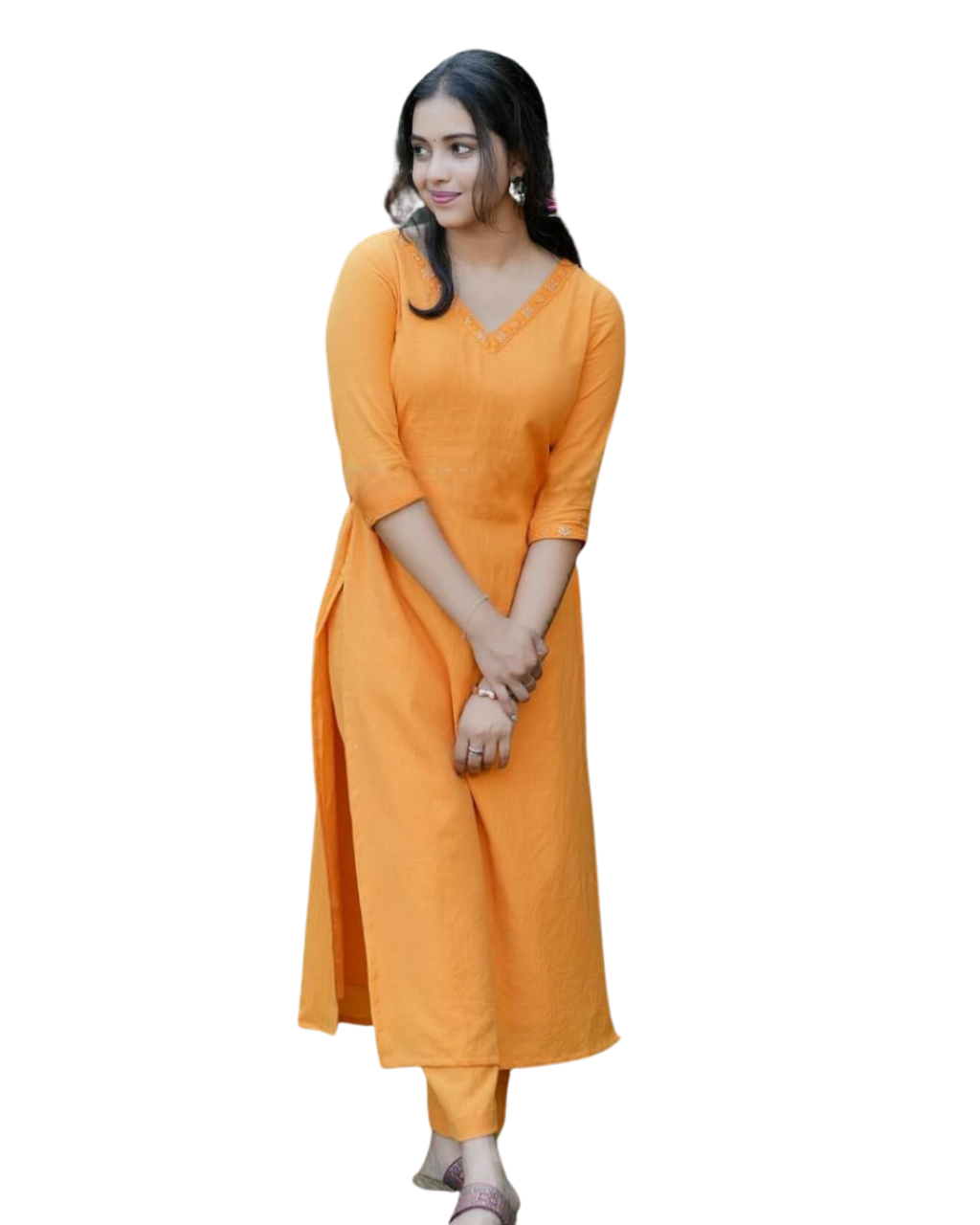 Women's Cotton V-neck Solid Straight Kurti With Pant