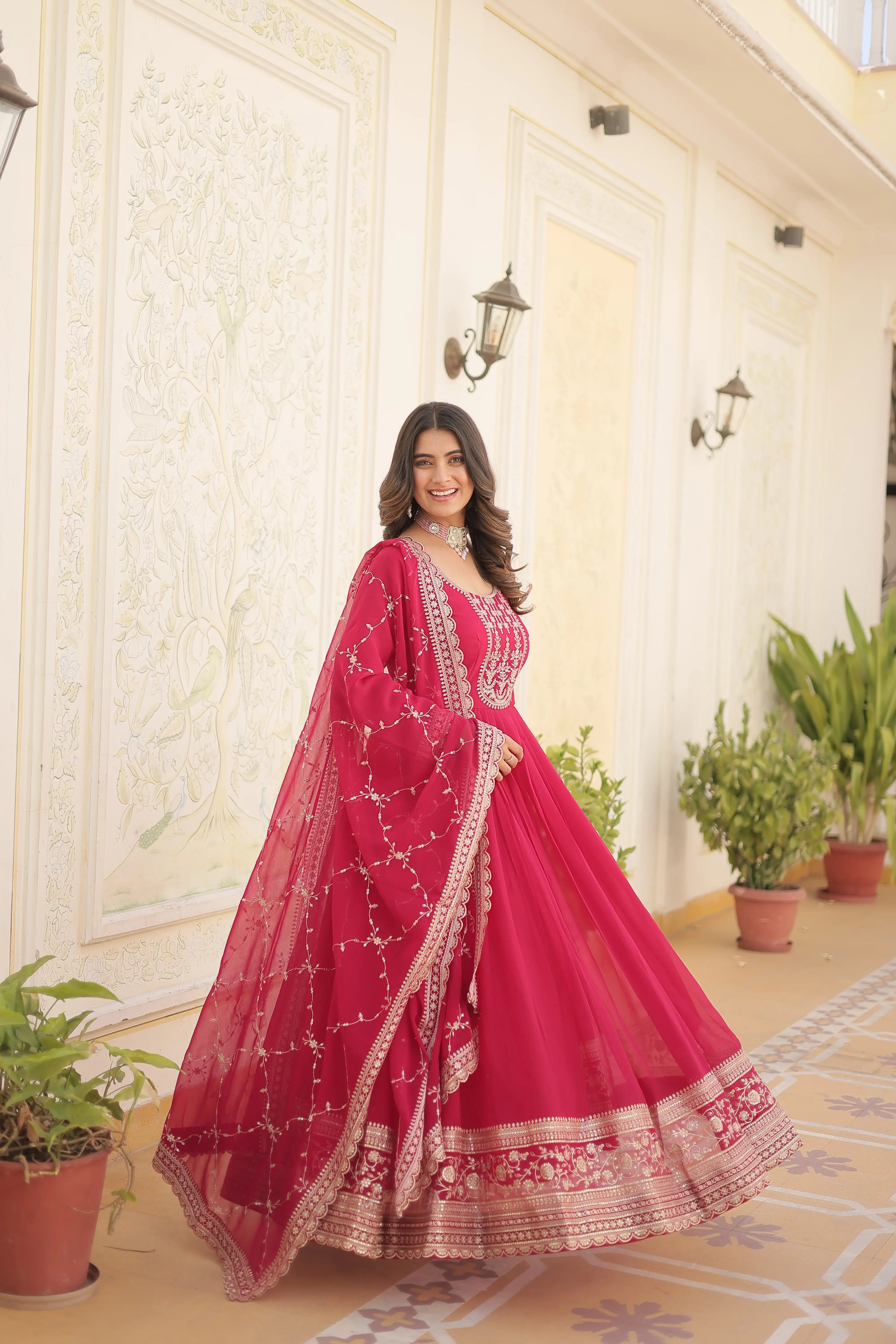 Pink Faux Blooming Sequins Embroidered Gown with Matching Dupatta – Festive & Party Wear 2024