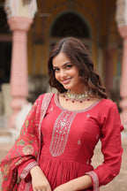Maroon Designer Chinon Sequins Embroidered Gown with Kalamkari Silk Dupatta