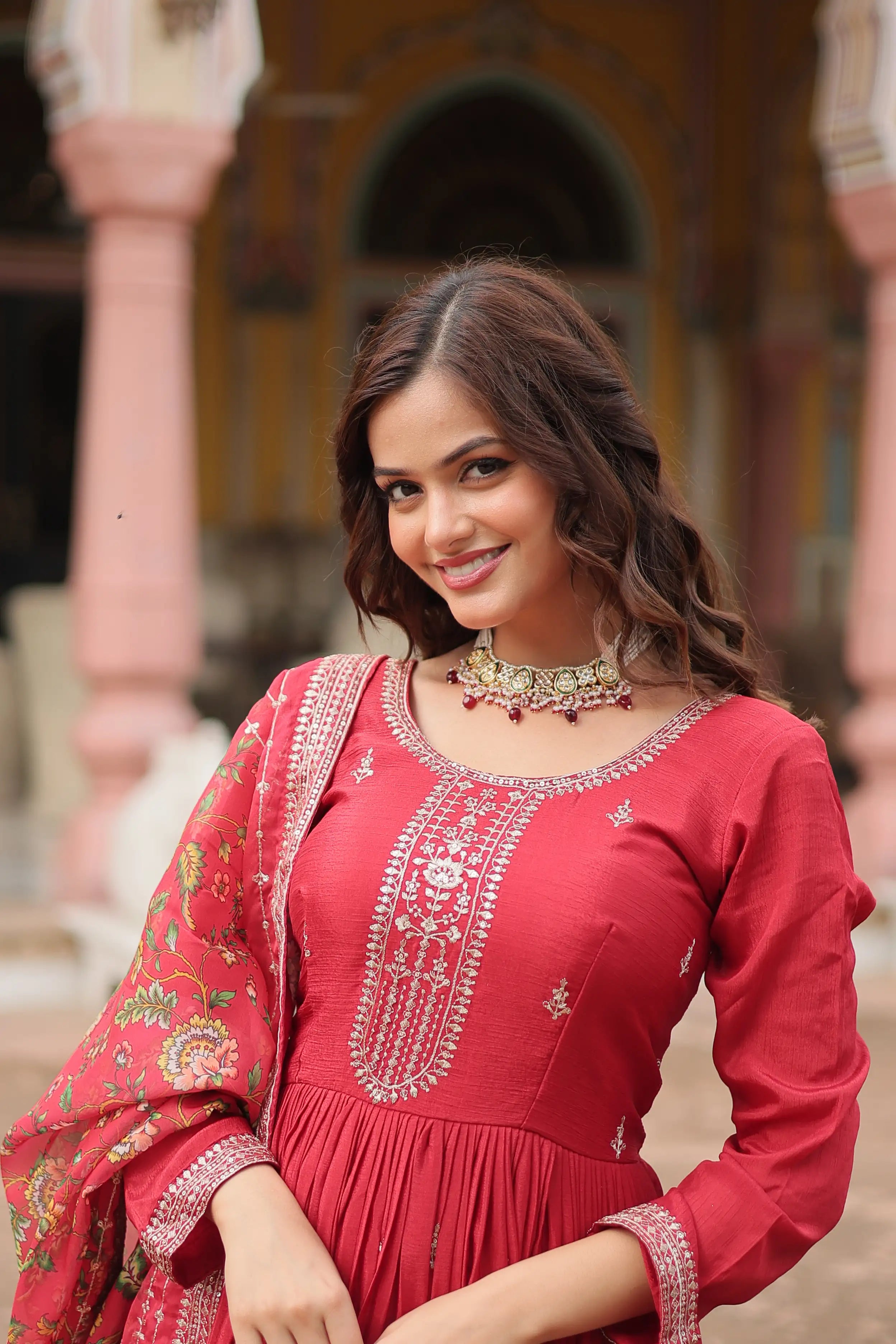 Maroon Designer Chinon Sequins Embroidered Gown with Kalamkari Silk Dupatta