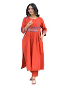 Women's Rayon Embroidered A-Line Kurti With Pant Set