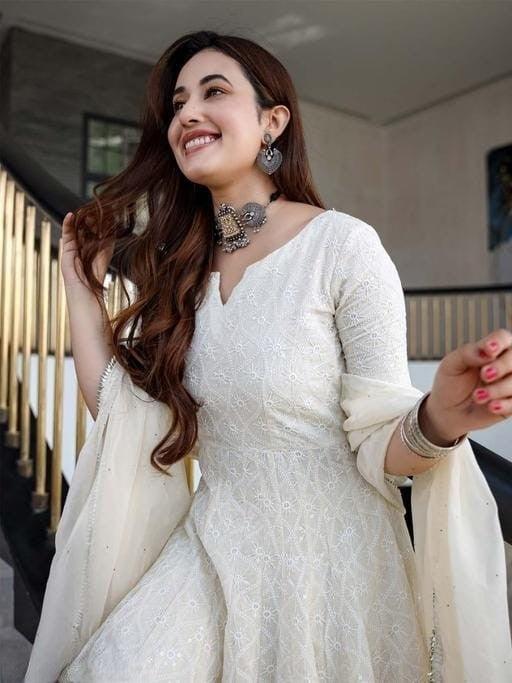 Women's Cotton Chikankari Long Anarkali Kurti With Dupatta