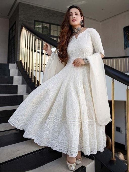 Women's Cotton Chikankari Long Anarkali Kurti With Dupatta