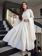 Women's Cotton Chikankari Long Anarkali Kurti With Dupatta