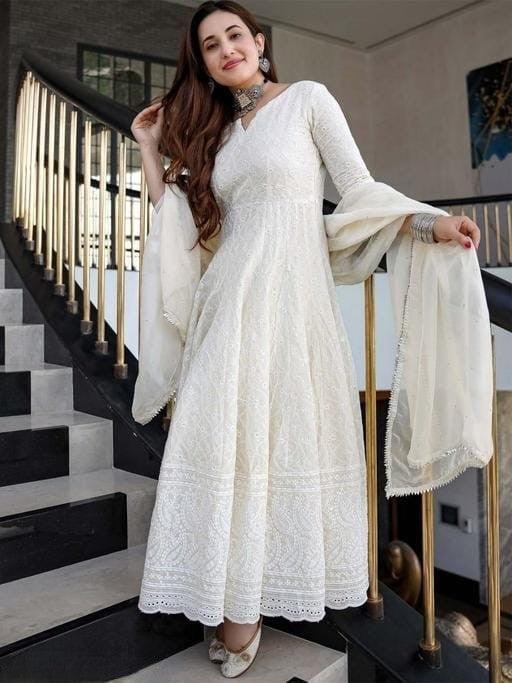 Women's Cotton Chikankari Long Anarkali Kurti With Dupatta