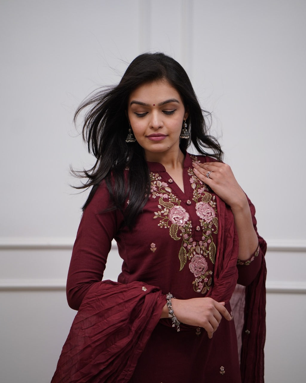 Women's Cotton Embroidery work Straight kurti with Pant & mulmul dupatta set