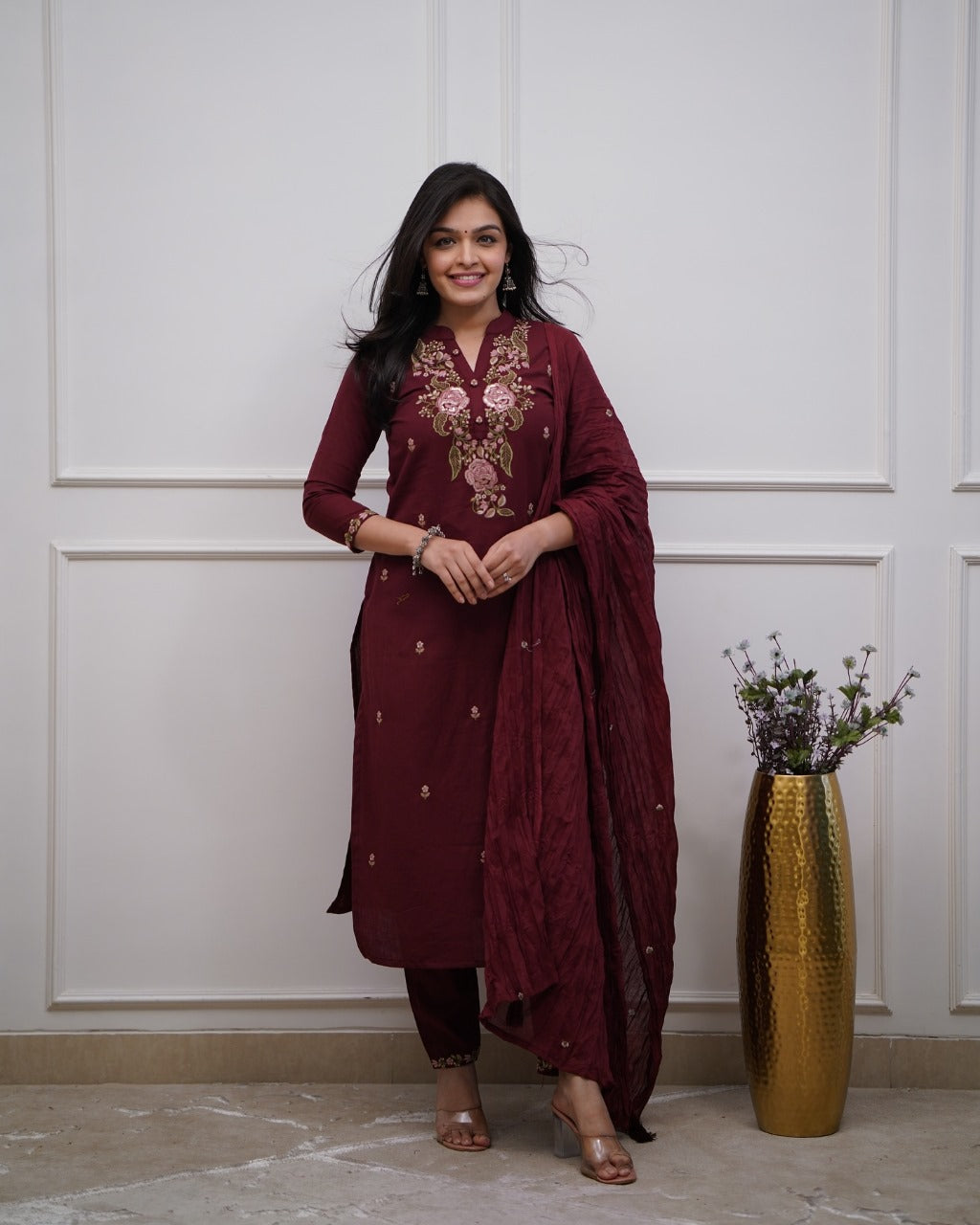 Women's Cotton Embroidery work Straight kurti with Pant & mulmul dupatta set