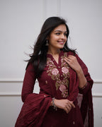 Women's Cotton Embroidery work Straight kurti with Pant & mulmul dupatta set