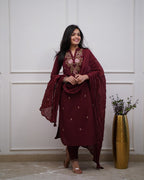 Women's Cotton Embroidery work Straight kurti with Pant & mulmul dupatta set