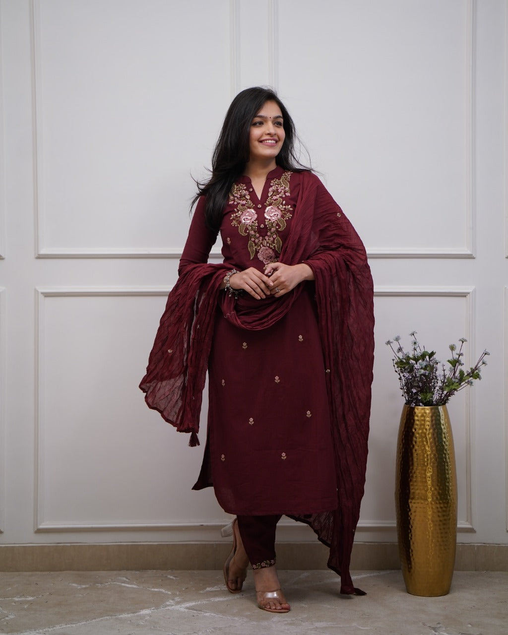 Women's Cotton Embroidery work Straight kurti with Pant & mulmul dupatta set