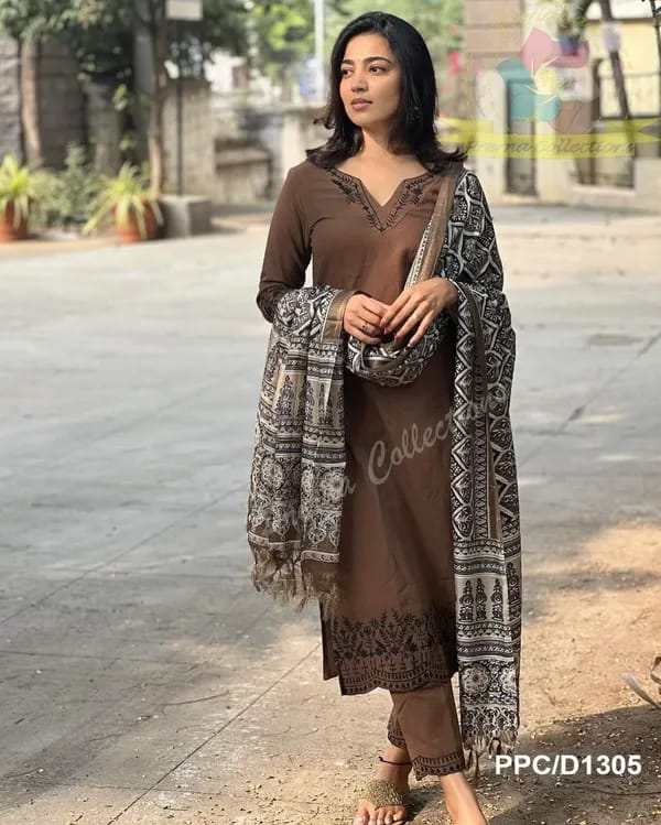 Women Pure Cotton Embroidery Straight Kurti with Pant & Dupatta Set