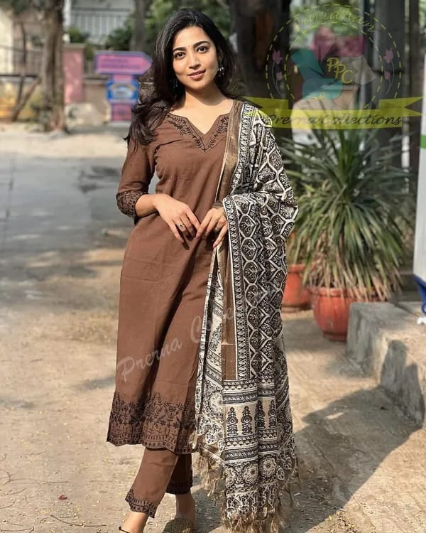 Women Pure Cotton Embroidery Straight Kurti with Pant & Dupatta Set