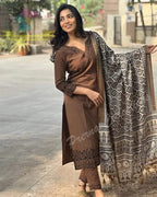 Women Pure Cotton Embroidery Straight Kurti with Pant & Dupatta Set