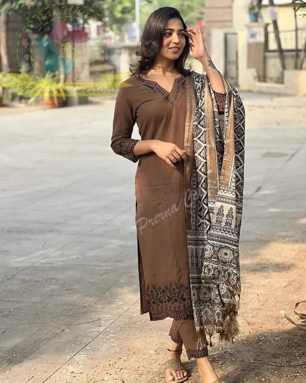 Women Pure Cotton Embroidery Straight Kurti with Pant & Dupatta Set