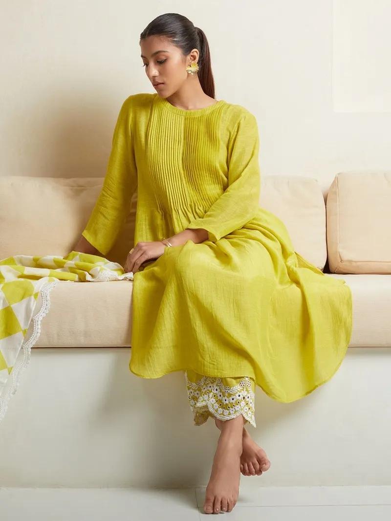 Women's Cotton Printed Line Flared Straight Kurti with Palazzo and Dupatta