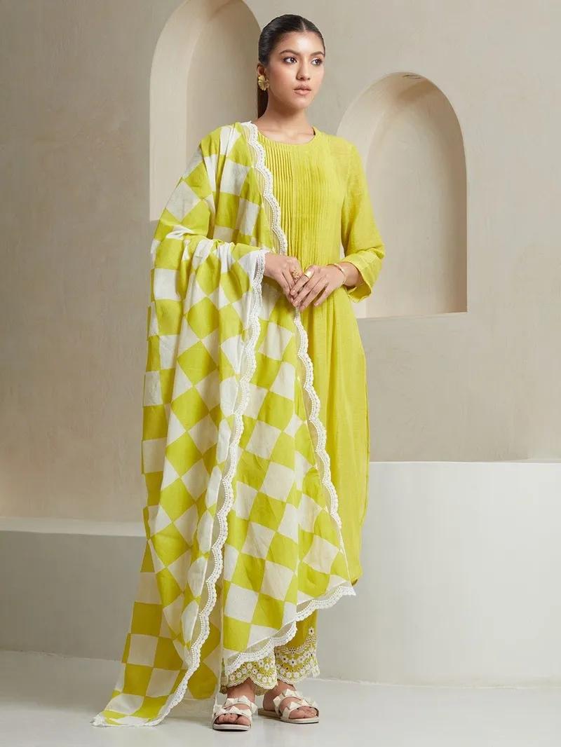 Women's Cotton Printed Line Flared Straight Kurti with Palazzo and Dupatta