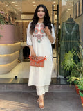 Women's Pure Cotton Embroidery Floral Printed Straight Coo-rd Set Kurti with Pant (White-M)