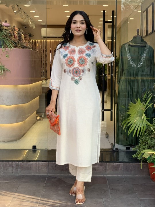 Women's Pure Cotton Embroidery Floral Printed Straight Coo-rd Set Kurti with Pant (White-M)